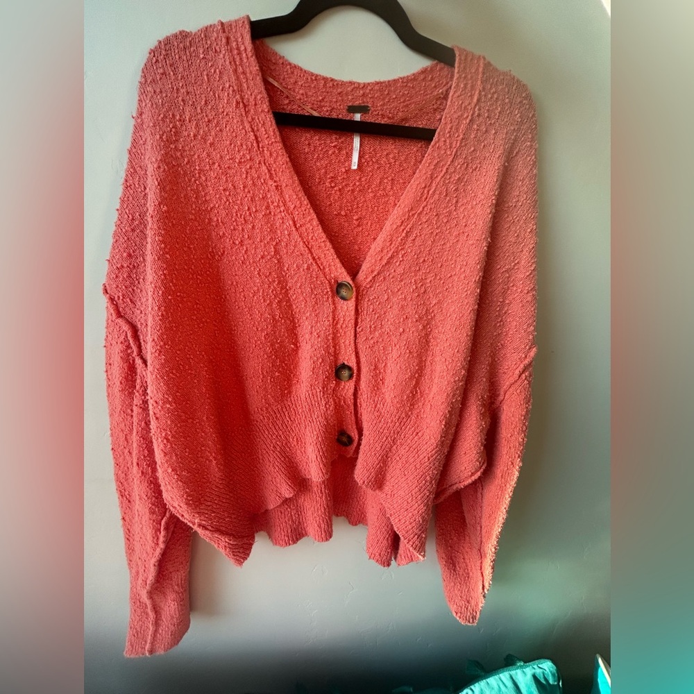 Free People Coral Button-Up Sweater